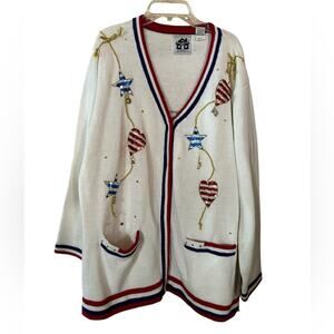 VTG Storybook Sweater Women 1X Plus 4th Of July America Knit Sequins Beads White